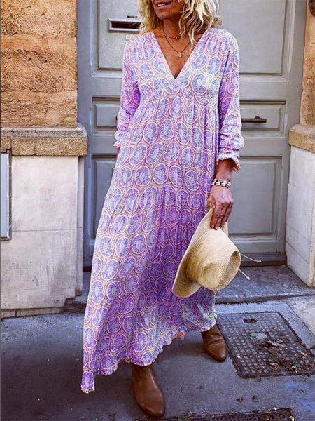 Gonna con Scollo a V Rosa Vacanza Floreale, Viola, Casual Dresses