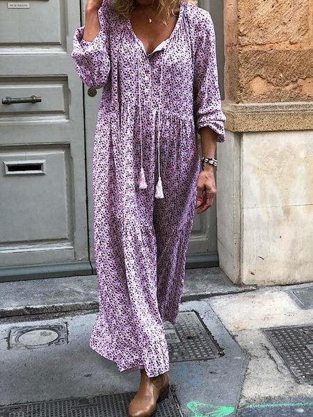 

Summer Women Boho Floral-print Long Sleeve V Neck Daily Maxi Weaving Dress, Purple, Casual Dresses