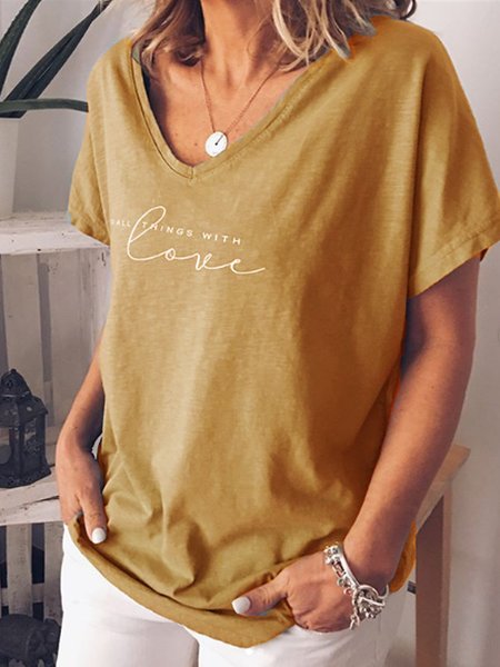 

Gray Blue Short Sleeve Letter Casual T-shirt, Yellow, Tees & T-shirts