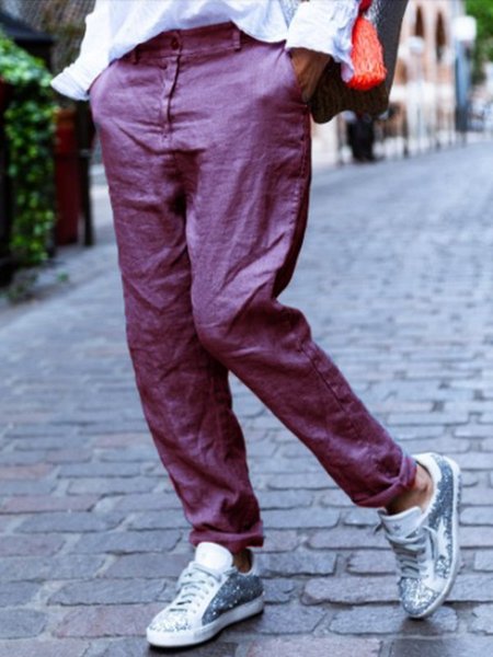 

Solido Misto Cotone Casuale Tasche Pantaloni, Rosso, Pants