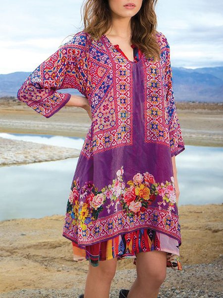 

Donna Floreale Scollo a V Dritto Bohemian Gonna, Viola, Casual Dresses