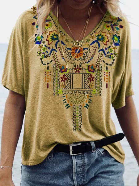 

Printed V Neck Boho Blouse, Yellow, Tees & T-shirts