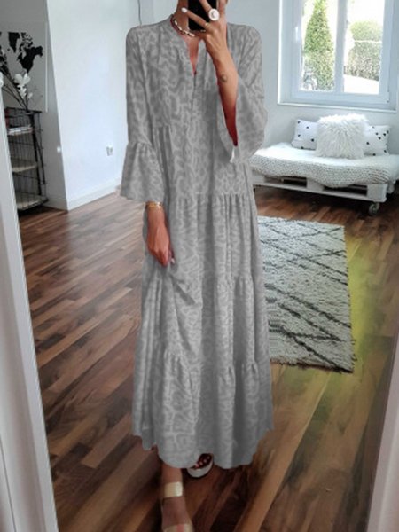 

V Neck Women DressA-Line Daytime Leopard Print Dress, Gray, Tie-dye Dress