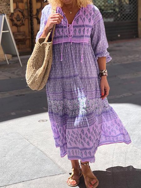 

Maxi Gonna Bohemian Floreale Dritto Donna con Maniche Lunghe Spiaggia, Viola, Casual Dresses
