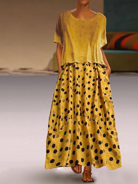 

Dot-Intarsia Short Sleeve Dress, Yellow, Maxi Dresses