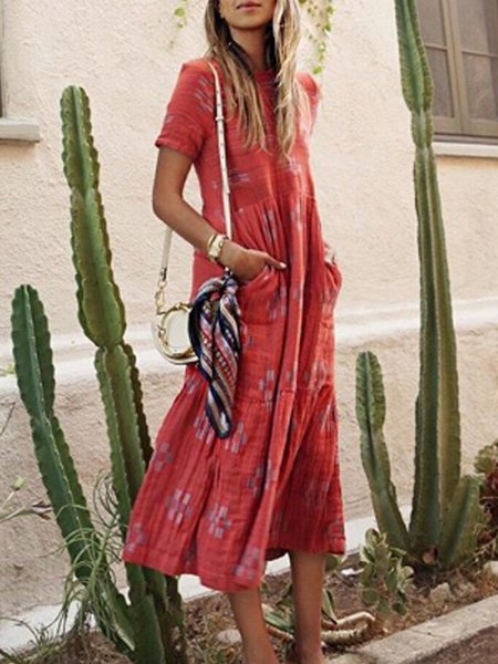 

Women Boho Holiday Pockets Round Neck Dresses, Rosso, Casual Dresses