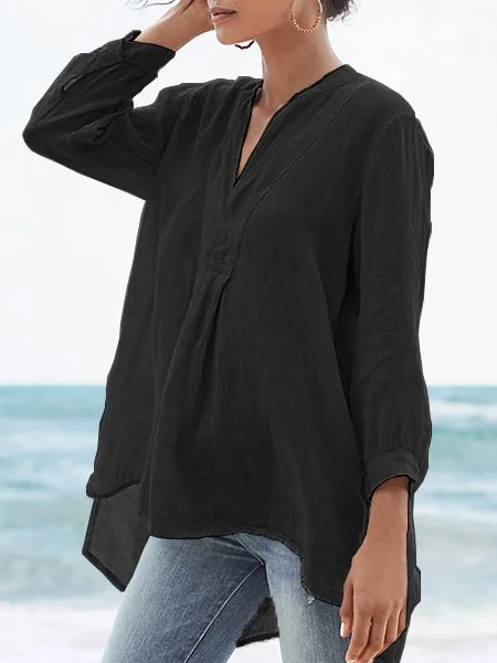 Solid V Neck Casual 3/4 Sleeve Plus Size Shirts Black/S