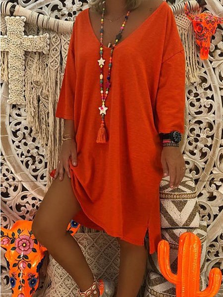 

Donna Casuale Scollo a V Solido Mezza Manica Abito, Arancia, Dresses