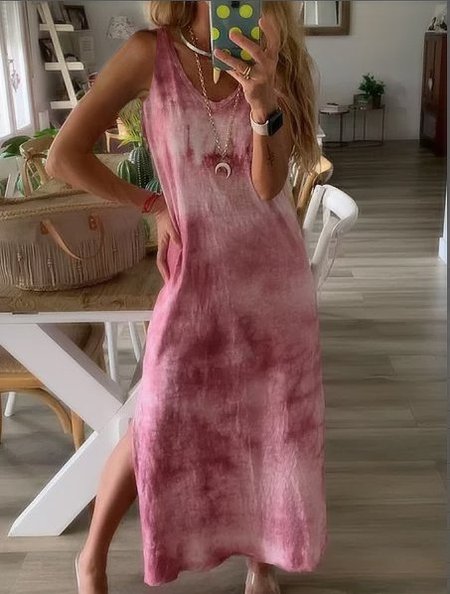 

senza maniche Misto Cotone Gonna, Rosso, Maxi Dresses