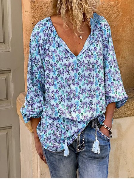 

Printed/dyed Long Sleeve Blouse, Blue, Tops