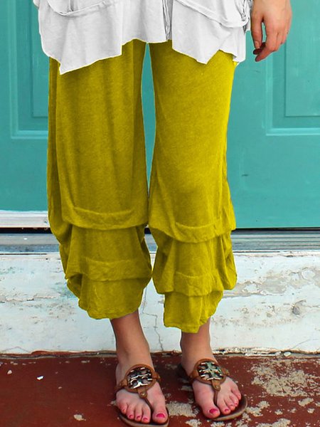 

Women Pants Elastic Waist Casual Solid Capri Pants, Yellow, Pants