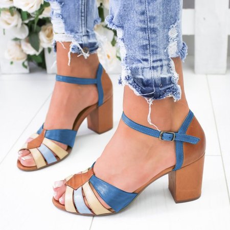 

Sandali da Donna con Tacco Grosso Cinturino con Fibbia Scarpe Decolletè, Blu, Sandals