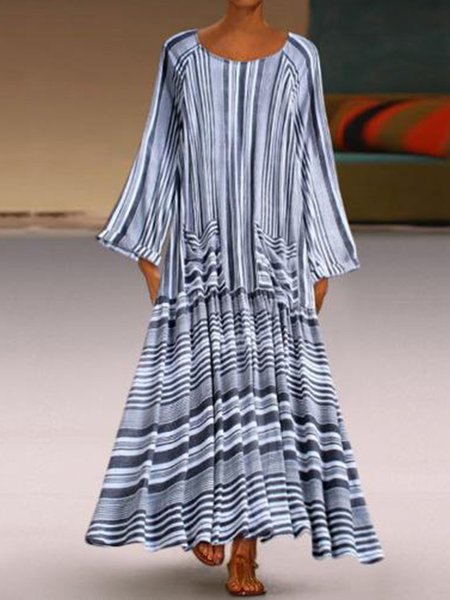 

Donna Abito Dritto Vacanza Stampato a Righe Abito, Grigio, Maxi Dresses