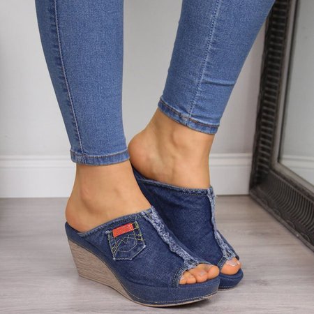 

Women Slip-on Peep Toe Wedge Canvas Sandals, Blue, Sandals