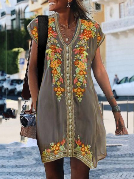 

Donna Estate Maniche Corte ricamato Dritto Abito, Cachi, Casual Dresses