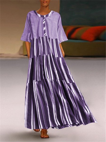 

zolucky Cotton-Blend Short Sleeve Printed Round Neck Weaving Dress, Purple, Casual Dresses