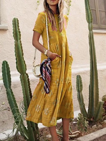 

Women Boho Holiday Pockets Round Neck Summer Maxi Weaving Dress, Yellow, Dresses