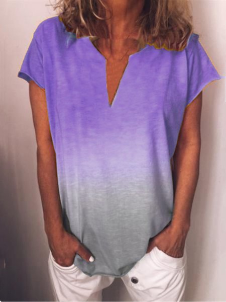 Casual Printed V-neck Short Sleeve Plus Size Shirt, Purple, Tees & T-shirts