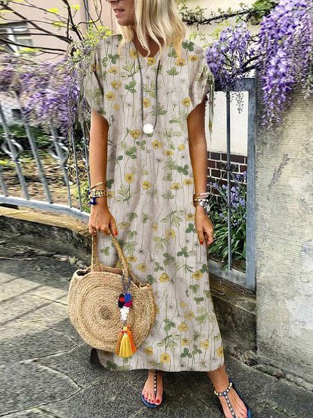 

zolucky Casual Cotton-Blend Short Sleeve Weaving Dress, Apricot, Dresses