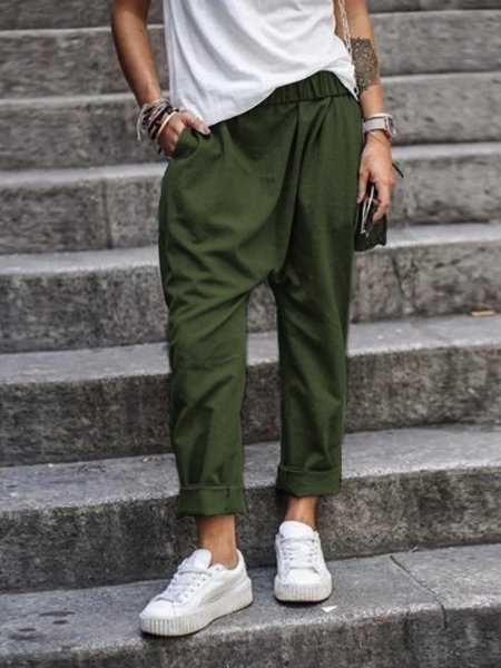 Casual Bottoms Pockets Summer Women Long Pants, Army green, Pants