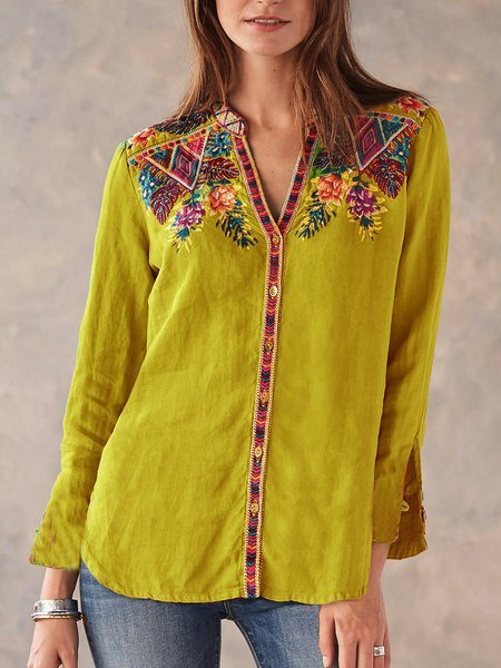 

Casual Long Sleeve V Neck Blouse, Yellow, Blouses & Shirts