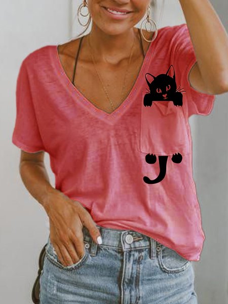 

White V Neck Cotton-Blend Short Sleeve T-shirt & Top, Red, T-shirts