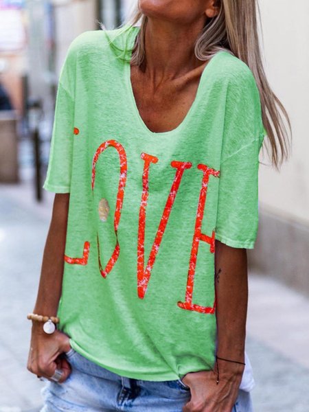 Love Print Round Neck Short Sleeves Casual T Shirt