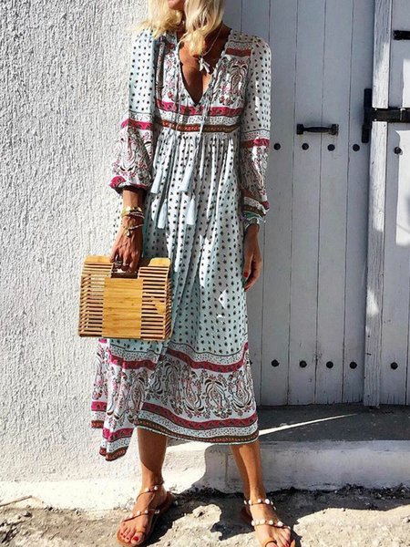 

V-Neck Women Dress Daytime Boho Paneled Dress, Red, Casual Dresses