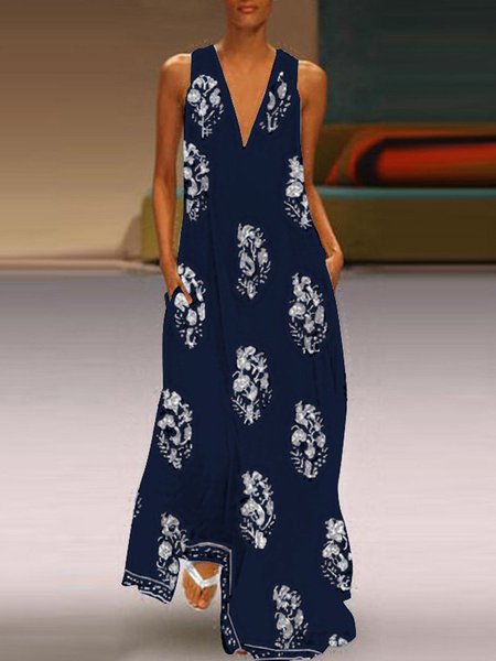 

Stampato Elegante senza maniche Stampato Gonna, Navy blu, Dresses