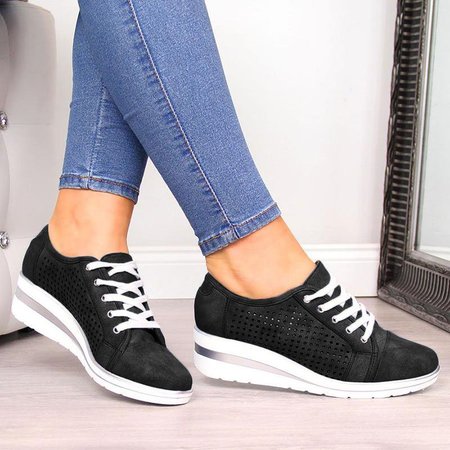 Blue Faux Leather Hollow-Out Wedge Heel Sneakers, Black, Athletic & Casual Shoes