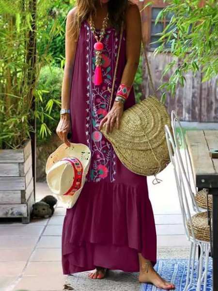

Sleeveless Holiday V Neck Maxi Weaving Dress, Fuchsia, Boho dresses