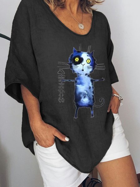 

Animale Stampato Scollo a V 3/4 Manica Camicetta, Nero, Blouses & Shirts