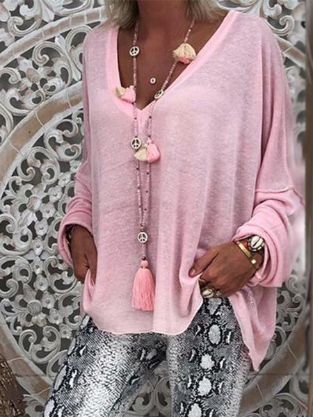 V Neck Linen Casual T-shirt, Pink, Blouses & Shirts