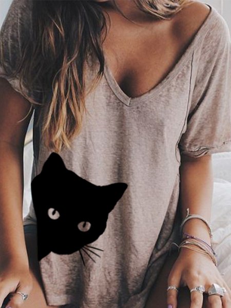 Cat Print V Neck Short Sleeve T shirt