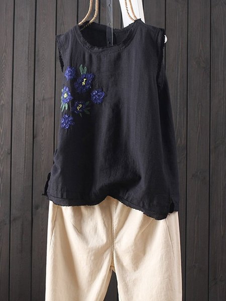 

Vintag Embroideried Floreale Girocollo Canotta, Nero, Tank Top