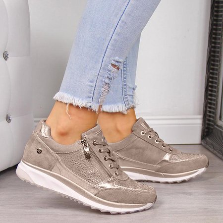 

Women's Low Heel Lace Up Sneakers, Beige, Sneakers