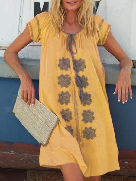 

V Neck Women Women Dress Holiday Cotton Paneled Women Dress, Yellow, Mini Dresses