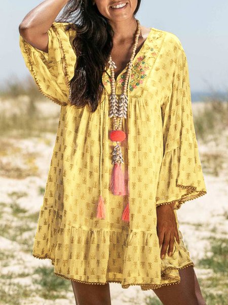 

V Neck Women Weaving Dress Holiday Cotton Floral Weaving Dress, Yellow, Summer Clearance