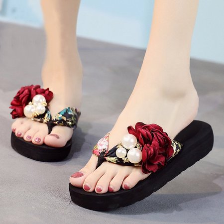 

Spring/Summer Flower Casual Beach Daily Slipper, Black-red, Slippers