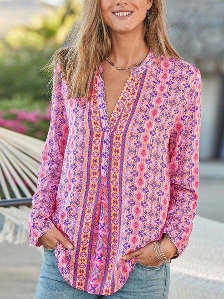 Bohemian Scollo a V Floreale Camicetta & Top, Rosa, Tops