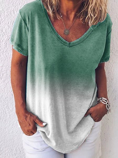 

Maniche Corte Casuale Scollo a V Dip-Dyed Top, Verde, Blouses & Shirts