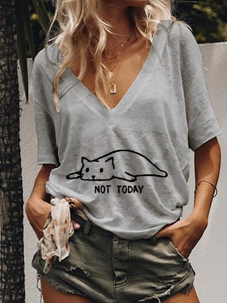 

Cat Printed Women Summer Casual V neck T Shirt Top, Gray, Tees & T-shirts