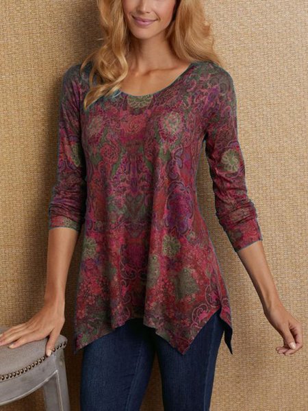 

Abstract Crew Neck Vintage Printed Blouse, Red, Tops