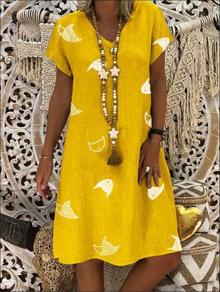 

Gonna Più Taglia a V Neck Cambio Vintage Vacanza, Giallo, Dresses