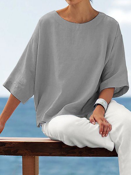 Girocollo 3/4 Manica Solido Camicie, Grigio scuro, T-Shirts
