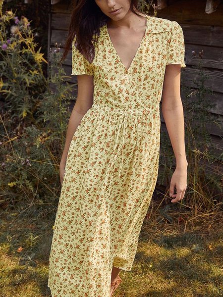 

Floral-Print V Neck Casual Holiday Dresses for Women, Yellow, Dresses