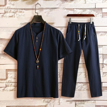 

Uomo Cinese Stile Imposta Due Fibbia A maniche corte T-shirt + I pantaloni Casuale Due pezzi, Blu marino, Men