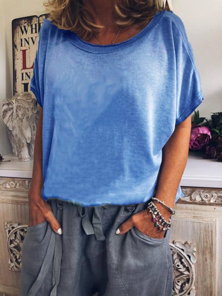 

Maniche Corte Misto Cotone Girocollo Tinta unita Camicetta & Top, Blu, T-Shirts