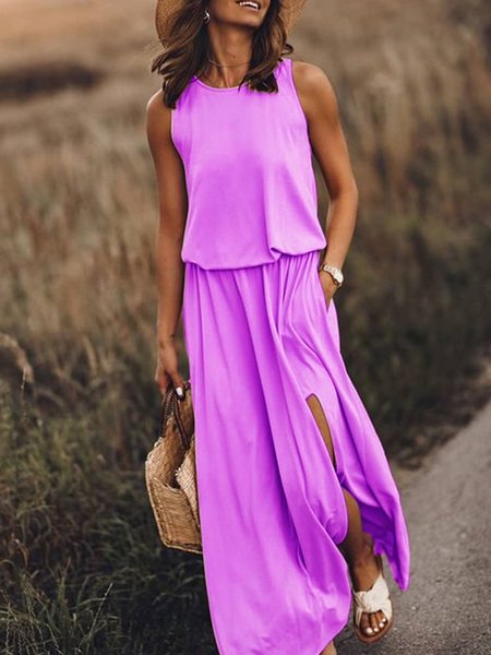 

Women Vintage Boho Sleeveless Round Neck Solid Maxi Weaving Dress, Purple, Dresses