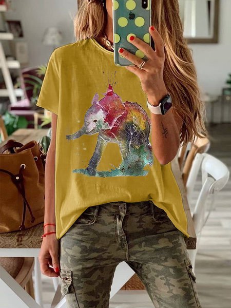 

Maglietta Casuale Maniche Corte Girocollo di Cottone, Giallo, T-Shirts